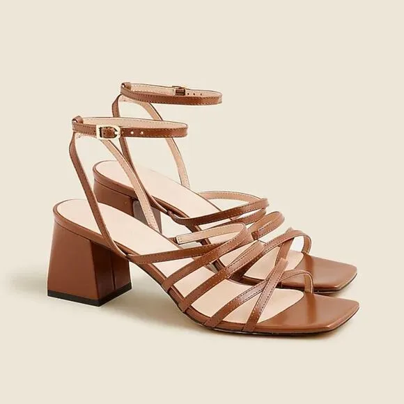 J. Crew NEW Layne Leather Strappy Sandals Block Heel English Saddle Brown Size 8