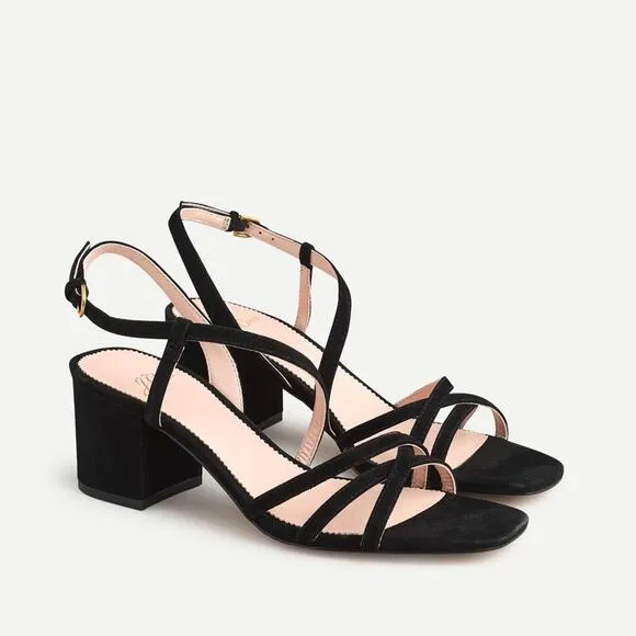 J. Crew Odette Black Suede Strappy Block Heel Sandals
