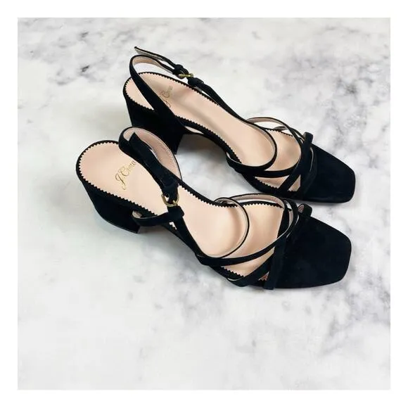 J. Crew Odette Black Suede Strappy Block Heel Sandals