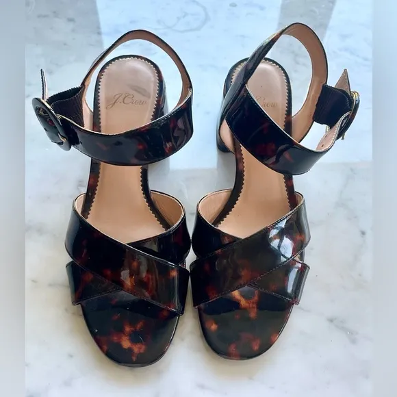 J. Crew patent leather tortoise penny sandals, block heel, sz6, EUC