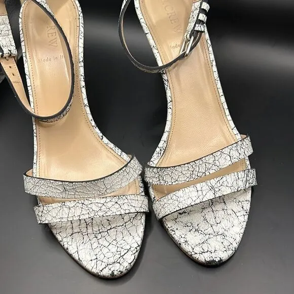 J Crew Size 9 Crackled Ankle Strap High Heel Leather Sandals White Black Marble