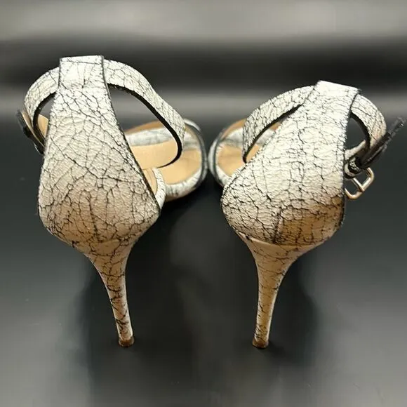 J Crew Size 9 Crackled Ankle Strap High Heel Leather Sandals White Black Marble