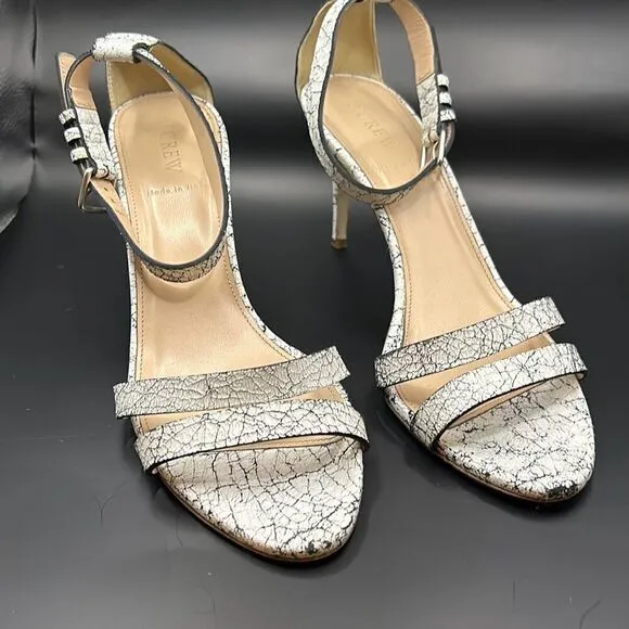 J Crew Size 9 Crackled Ankle Strap High Heel Leather Sandals White Black Marble