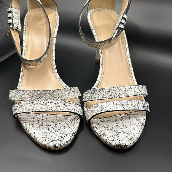 J Crew Size 9 Crackled Ankle Strap High Heel Leather Sandals White Black Marble