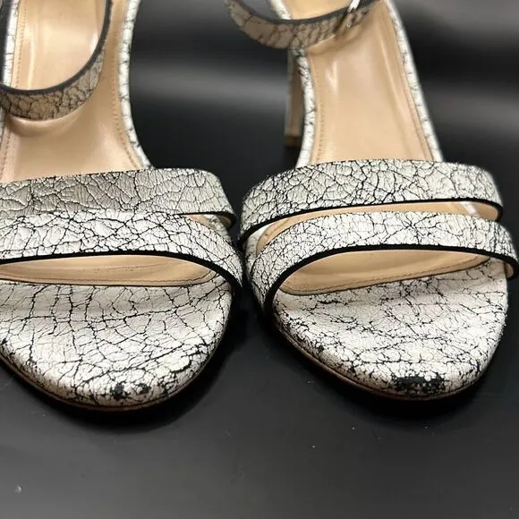 J Crew Size 9 Crackled Ankle Strap High Heel Leather Sandals White Black Marble