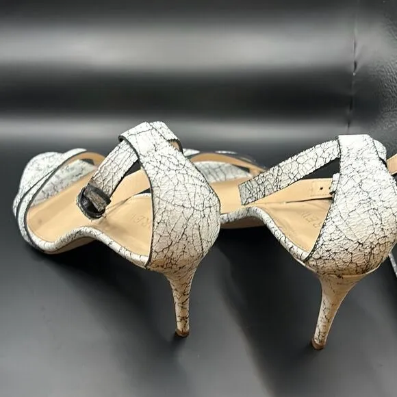 J Crew Size 9 Crackled Ankle Strap High Heel Leather Sandals White Black Marble
