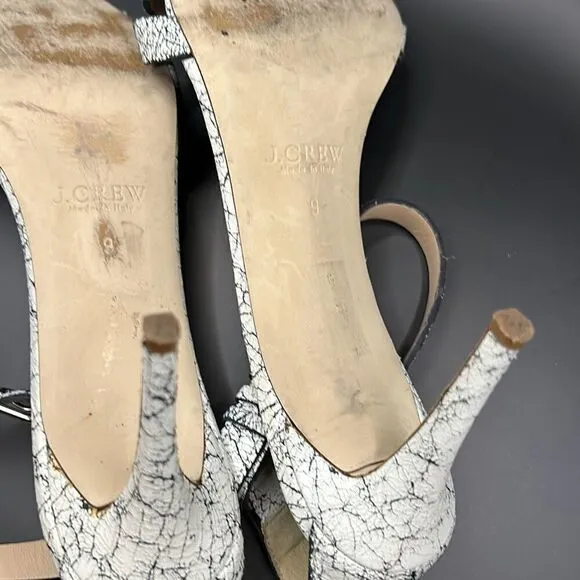 J Crew Size 9 Crackled Ankle Strap High Heel Leather Sandals White Black Marble