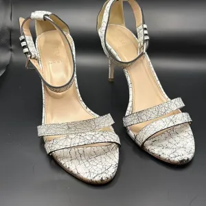 J Crew Size 9 Crackled Ankle Strap High Heel Leather Sandals White Black Marble