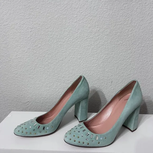 J  Crew Suede Bell Pumps Shoes Jewel Embellishments Aqua SZ 9 $298 Made in Italy