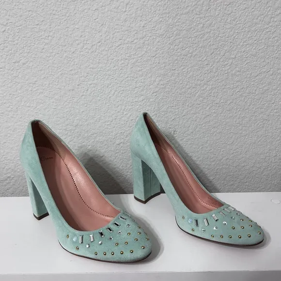 J  Crew Suede Bell Pumps Shoes Jewel Embellishments Aqua SZ 9 $298 Made in Italy