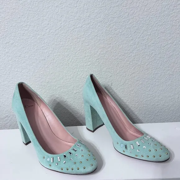 J  Crew Suede Bell Pumps Shoes Jewel Embellishments Aqua SZ 9 $298 Made in Italy
