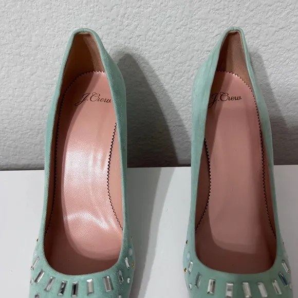 J  Crew Suede Bell Pumps Shoes Jewel Embellishments Aqua SZ 9 $298 Made in Italy