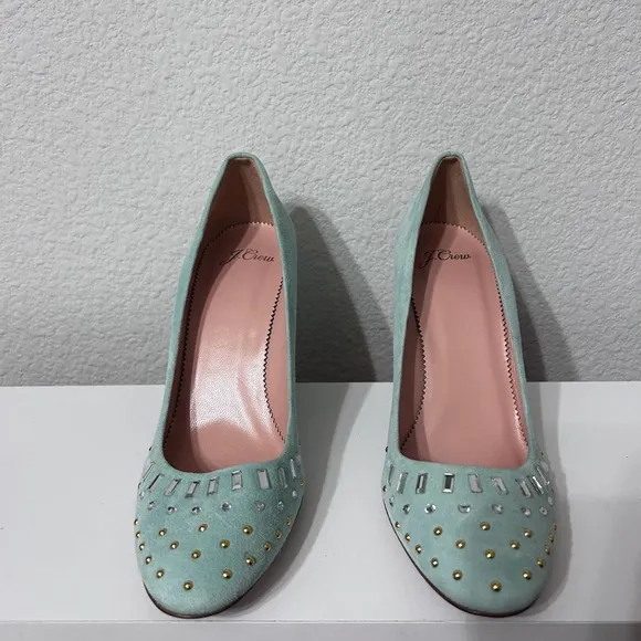 J  Crew Suede Bell Pumps Shoes Jewel Embellishments Aqua SZ 9 $298 Made in Italy