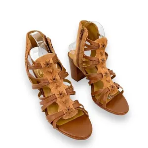 Jack Rogers Hadley brown leather woven whipstitched ankle zip block heel sandals