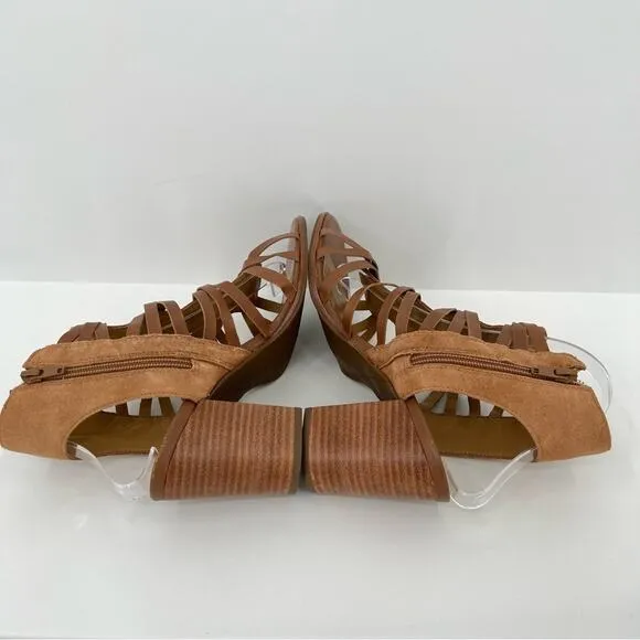 Jack Rogers Hadley brown leather woven whipstitched ankle zip block heel sandals