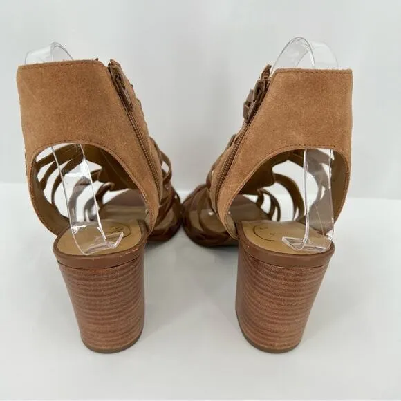 Jack Rogers Hadley brown leather woven whipstitched ankle zip block heel sandals