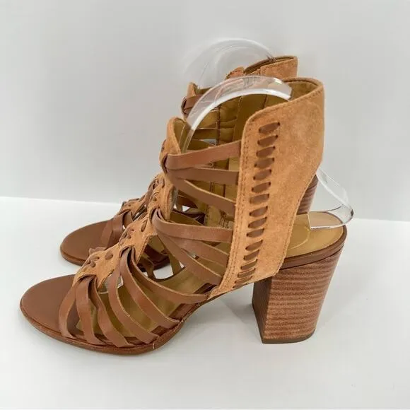 Jack Rogers Hadley brown leather woven whipstitched ankle zip block heel sandals