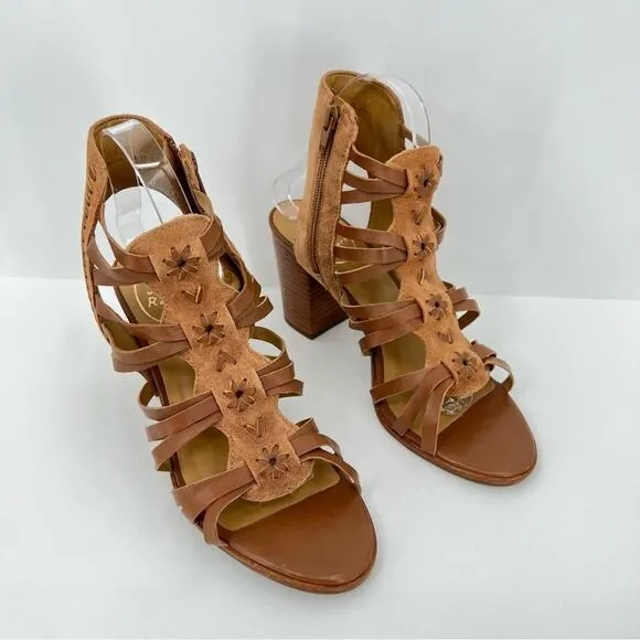 Jack Rogers Hadley brown leather woven whipstitched ankle zip block heel sandals