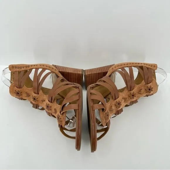 Jack Rogers Hadley brown leather woven whipstitched ankle zip block heel sandals