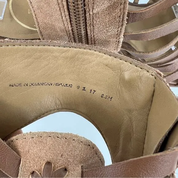 Jack Rogers Hadley brown leather woven whipstitched ankle zip block heel sandals