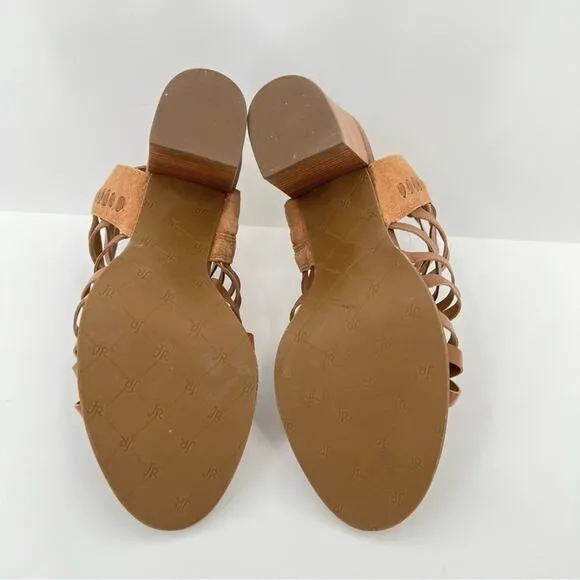 Jack Rogers Hadley brown leather woven whipstitched ankle zip block heel sandals