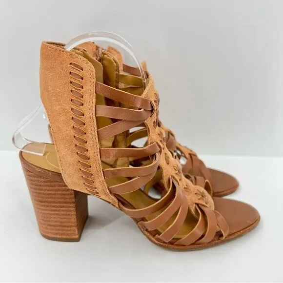 Jack Rogers Hadley brown leather woven whipstitched ankle zip block heel sandals