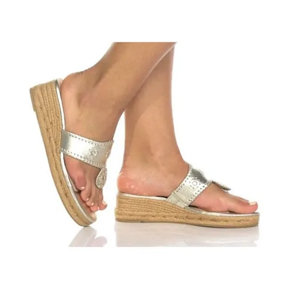 JACK ROGERS JACKS Jute Wrapped MID WEDGE Gold Leather Thong Sandals Sz 9