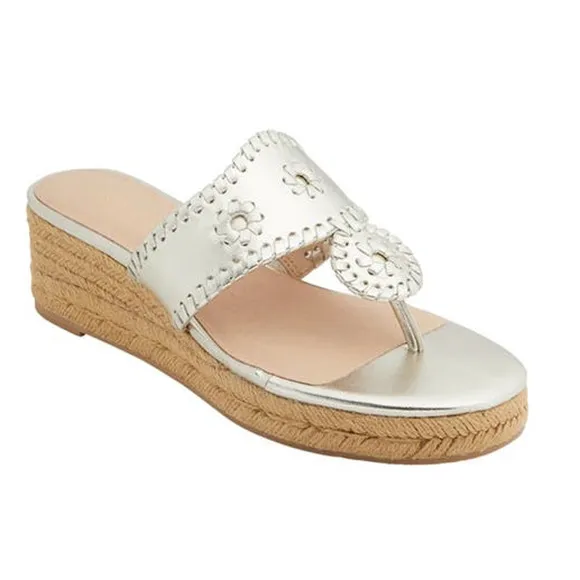 JACK ROGERS JACKS Jute Wrapped MID WEDGE Gold Leather Thong Sandals Sz 9