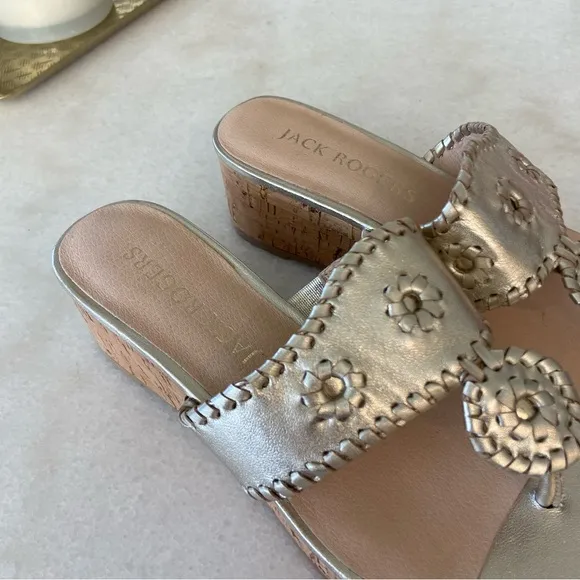 Jack Rogers Jacks Mid Wedge Cork Sandals Platinum Metallic Gold 8 New