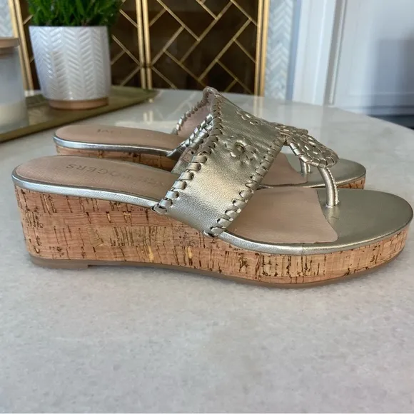 Jack Rogers Jacks Mid Wedge Cork Sandals Platinum Metallic Gold 8 New