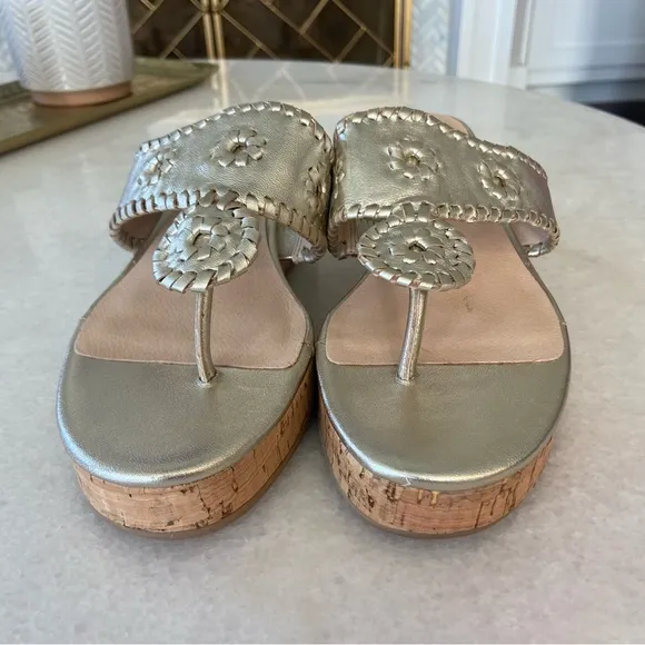 Jack Rogers Jacks Mid Wedge Cork Sandals Platinum Metallic Gold 8 New