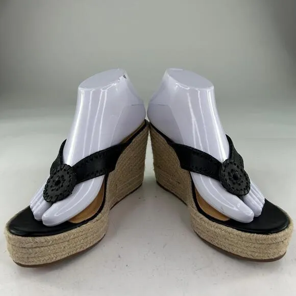 Jack Rogers Jacks Sandals US 8.5 Black Leather Wedge Heel Thong Espadrilles