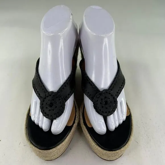 Jack Rogers Jacks Sandals US 8.5 Black Leather Wedge Heel Thong Espadrilles