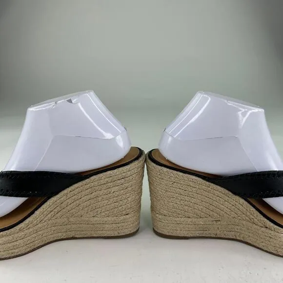 Jack Rogers Jacks Sandals US 8.5 Black Leather Wedge Heel Thong Espadrilles