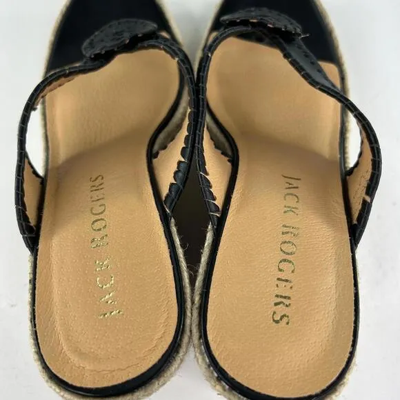 Jack Rogers Jacks Sandals US 8.5 Black Leather Wedge Heel Thong Espadrilles