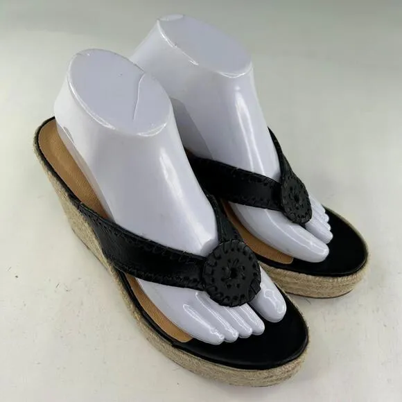 Jack Rogers Jacks Sandals US 8.5 Black Leather Wedge Heel Thong Espadrilles