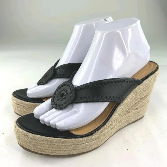 Jack Rogers Jacks Sandals US 8.5 Black Leather Wedge Heel Thong Espadrilles