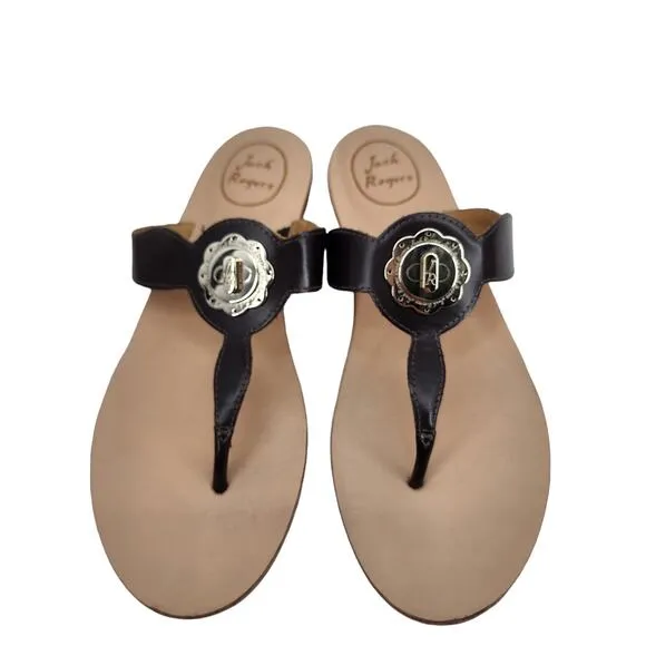 Jack Rogers Larissa Black Croc Embossed Leather Turnlock Sandals Size 9