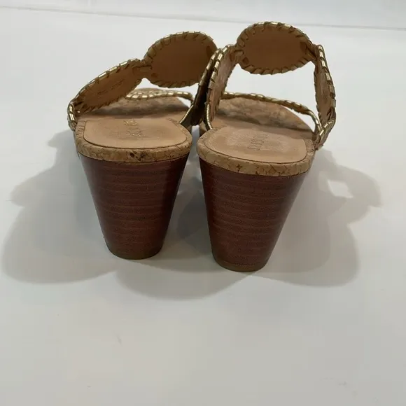 Jack Rogers Sandal Size 10 Low Wedge Heel EUC Tan Gold Cork