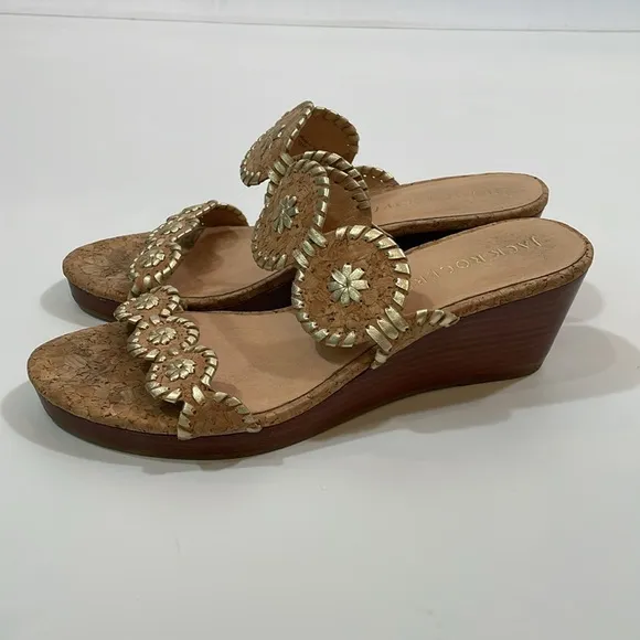 Jack Rogers Sandal Size 10 Low Wedge Heel EUC Tan Gold Cork