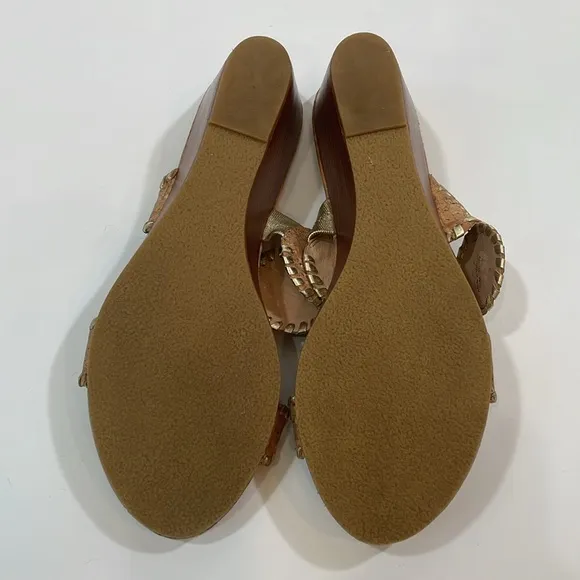 Jack Rogers Sandal Size 10 Low Wedge Heel EUC Tan Gold Cork