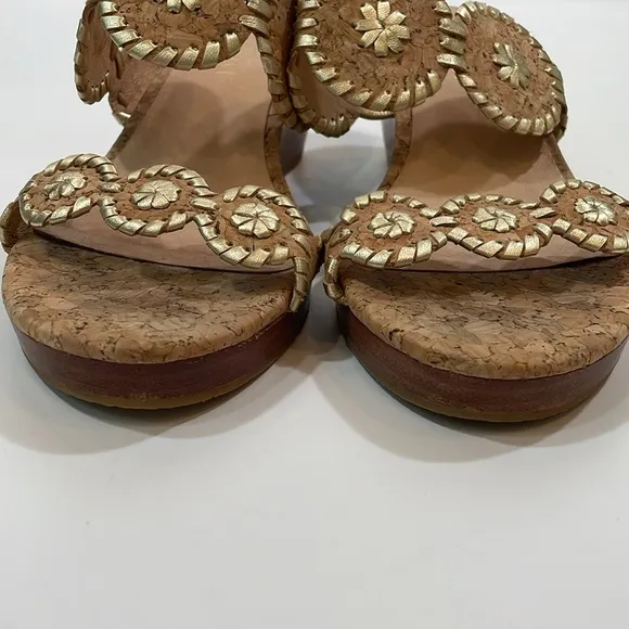 Jack Rogers Sandal Size 10 Low Wedge Heel EUC Tan Gold Cork