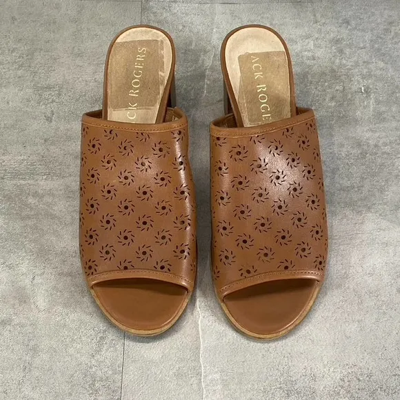 Jack Rogers Women's Mocha Leather Ronnie Perforated Peep-Toe Sandals SZ 7