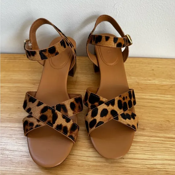 J.Crew Leopard calf hair low block-heel sandals Size 8.5