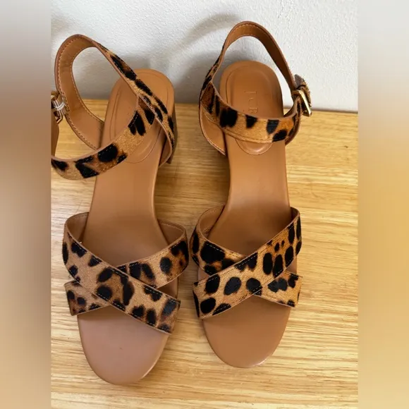J.Crew Leopard calf hair low block-heel sandals Size 8.5