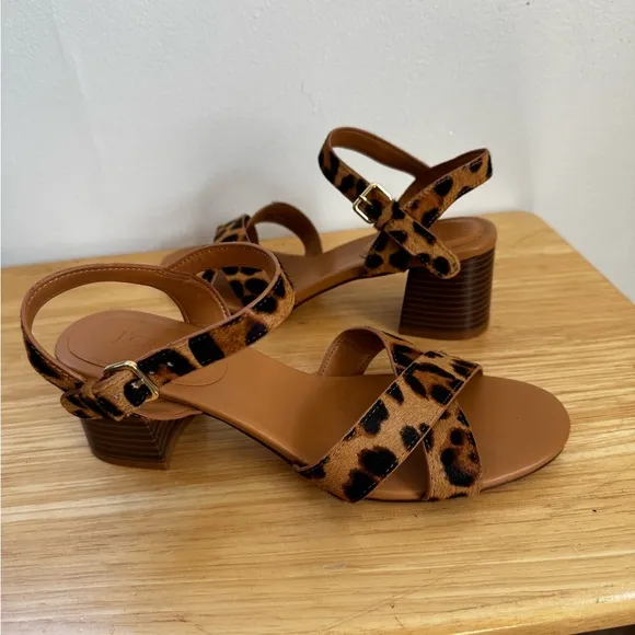 J.Crew Leopard calf hair low block-heel sandals Size 8.5