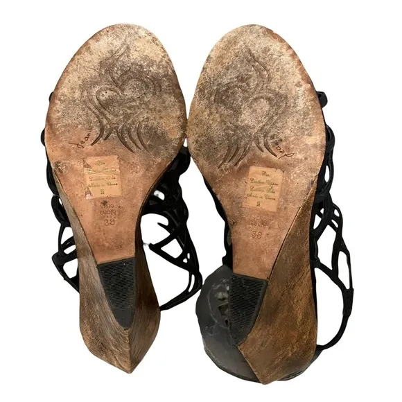 Jean-Michel Cazabat Black Cage Slingback Wedge Sandals Size 38 US 8