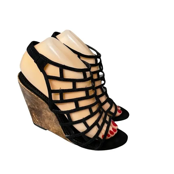 Jean-Michel Cazabat Black Cage Slingback Wedge Sandals Size 38 US 8