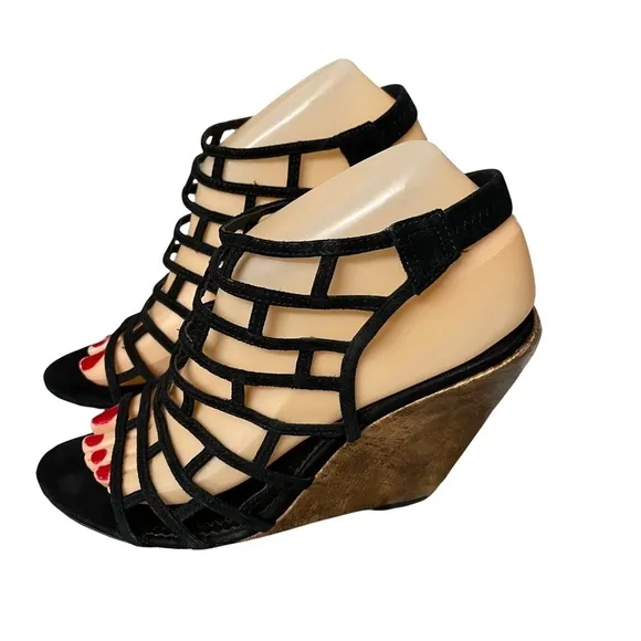Jean-Michel Cazabat Black Cage Slingback Wedge Sandals Size 38 US 8