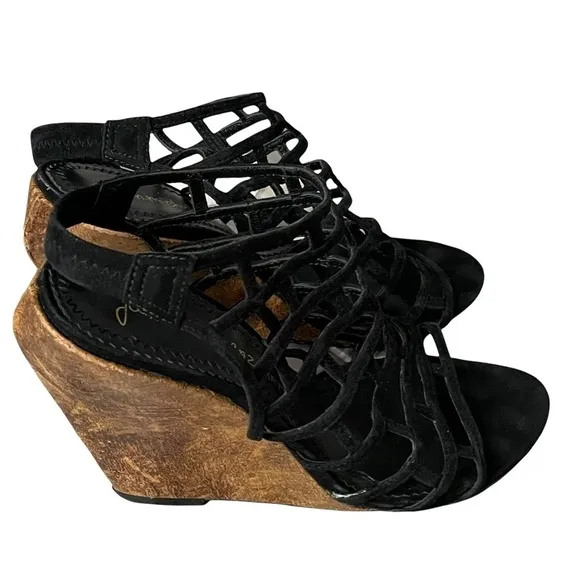 Jean-Michel Cazabat Black Cage Slingback Wedge Sandals Size 38 US 8